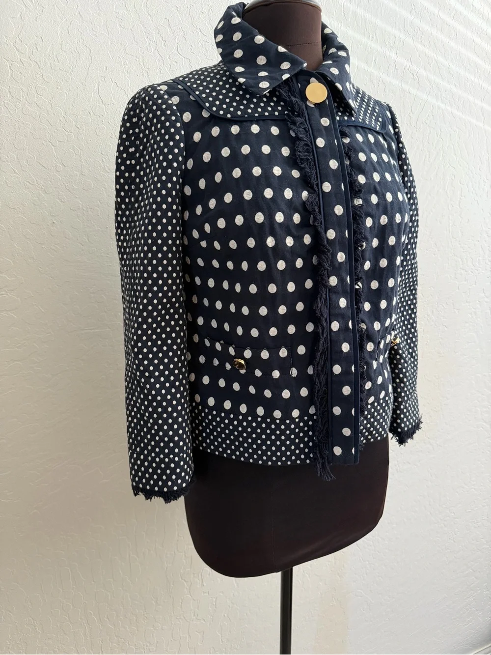 Tory Burch Leonora Polka Dot Fringe Navy Blue Jacket